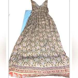 Lucky Brand Long FAIRY FESTIVAL Dress Sleeveless Stretch Tie Waist V Neck Floral